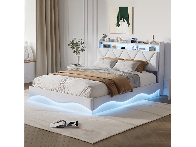  Lit 160x200cm - lit coffre 160x200cm - lit hydraulique avec tête de lit à rangement, led rgb, ports usb et type-c - beige  - Conforama D