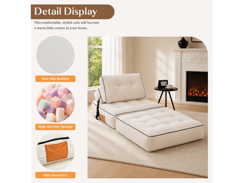  Canapé-lit pliant convertible 90x95x65 cm, assise moelleuse, garnissage en mousse, blanc, tissu revêtement en velours côtelé, design gain de place  - Conforama D