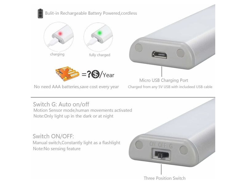Lot de 3 lampes 10 led sans fil rechargeable usb aimanté, détecteur mouvement 2 modes, placard secours veilleuse - Conforama E