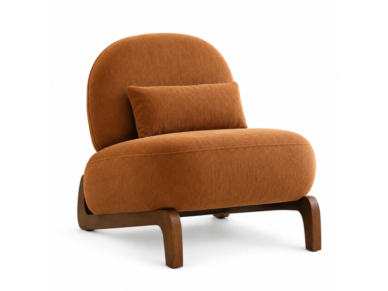  Fauteuil sans accoudoirs avec coussin et dossier arrondi pour salon et chambre, en velours, pieds en bois, caramel  - Conforama A