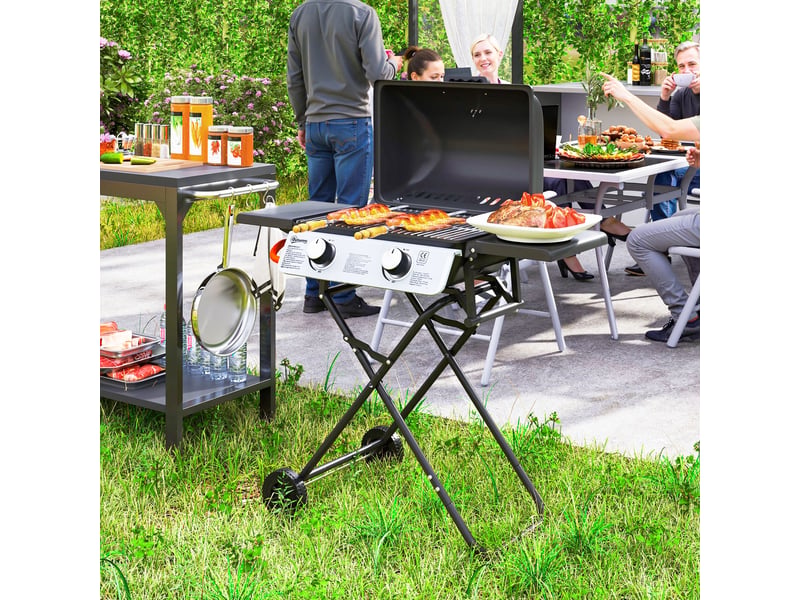  Barbecue gaz transportable, 2 brûleurs 5,6 kw, barbecue gaz de camping avec étagères latérales thermomètre et roues, noir  - Conforama C