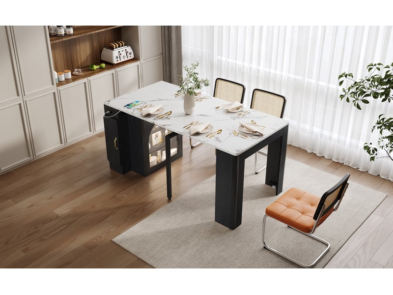  Îlot de cuisine - chariot de cuisine avec table extensible, 3 compartiments et prise électrique, meuble mobile en mdf et verre - blanc + noir - 83×39,6 79,6 119,6 149,6×77 cm  - Conforama D