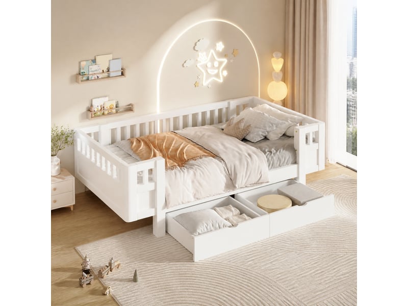 Lit plateforme 90x200 cm barrières hautes, 2 tiroirs, sommier à lattes, bois et mdf, blanc, sans matelas - Conforama B