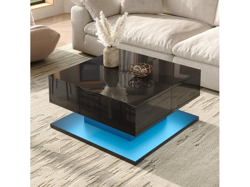  Table basse relevable 72x72x35 cm, tiroirs, plateau à abattant, led app, finition haut‑brillante, mdf, noire  - Conforama B