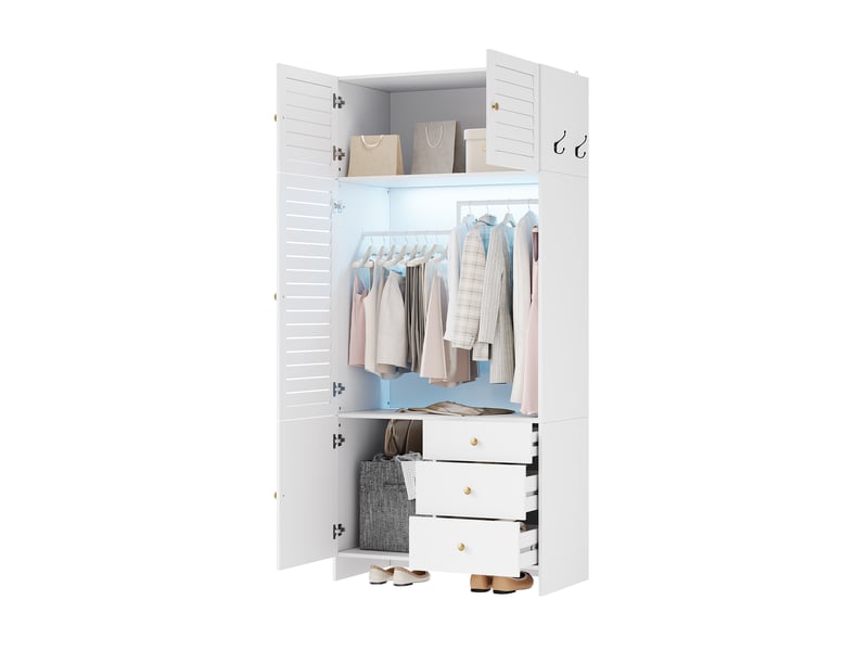  Armoire blanche avec panier à linge intégré, éclairage led, 3 tiroirs, 90x50x200 cm, panneaux de particules  - Conforama A