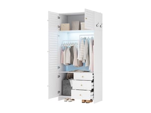 Armoire blanche avec panier à linge intégré, éclairage led, 3 tiroirs, 90x50x200 cm, panneaux de particules