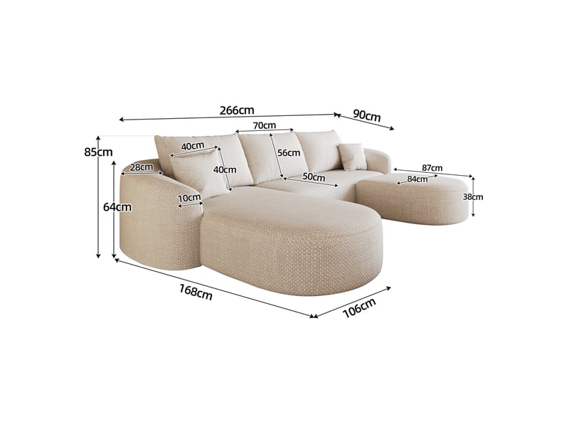  Canapé d'angle en u modenvie modulable 5 places 266 x 168 cm en chenille blanc  - Conforama C
