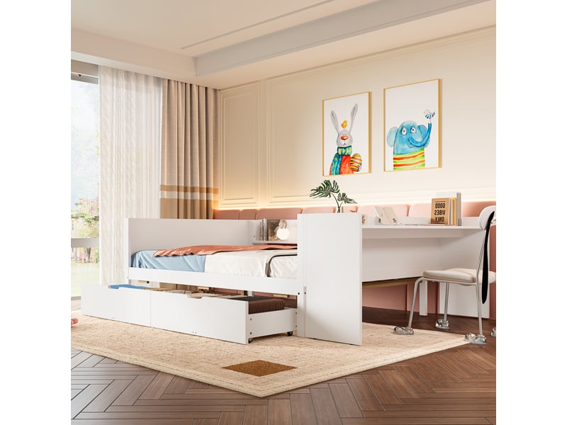  Lit plat en bois 140x200cm blanc, bureau intégré, 2 tiroirs, 3 étagères, structure pin, sans matelas inclus  - Conforama C