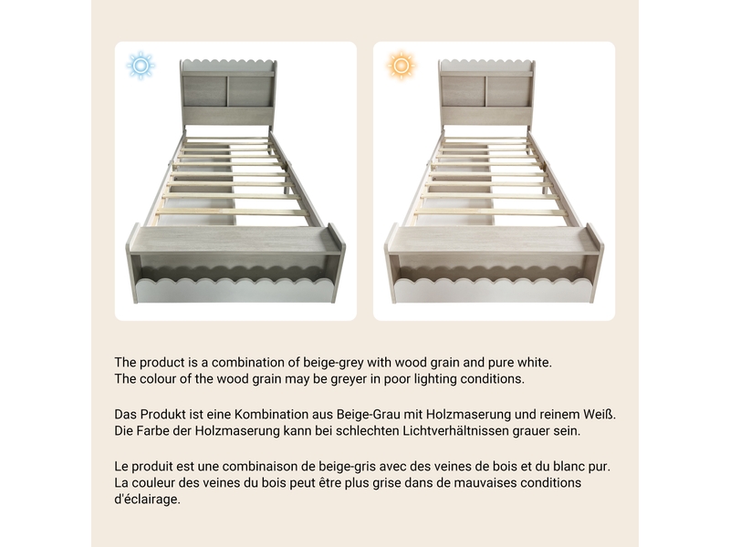 Lit simple enfant 200×90 cm avec 2 tiroirs, étagères et banquette de rangement, sans matelas, blanc et chêne clair - Conforama E