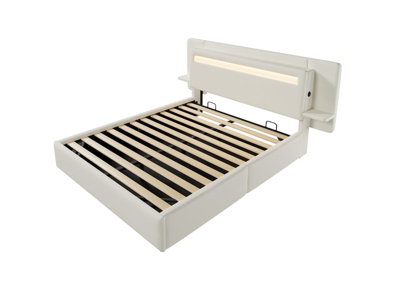  Lit coffre 140x200 cm, lit double rembourré avec led, usb et tablettes de chevet, beige, aspect lin IKSETERA TRADING LTD - Conforama A