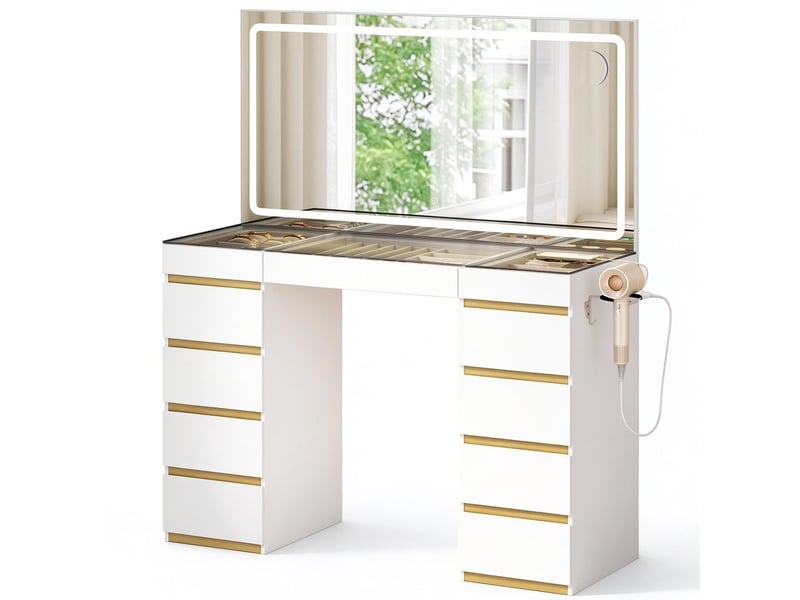  Coiffeuse avec miroir led, 11 tiroirs, station de charge, plateau en verre，112x40x133 cm，blanc+doré  - Conforama A
