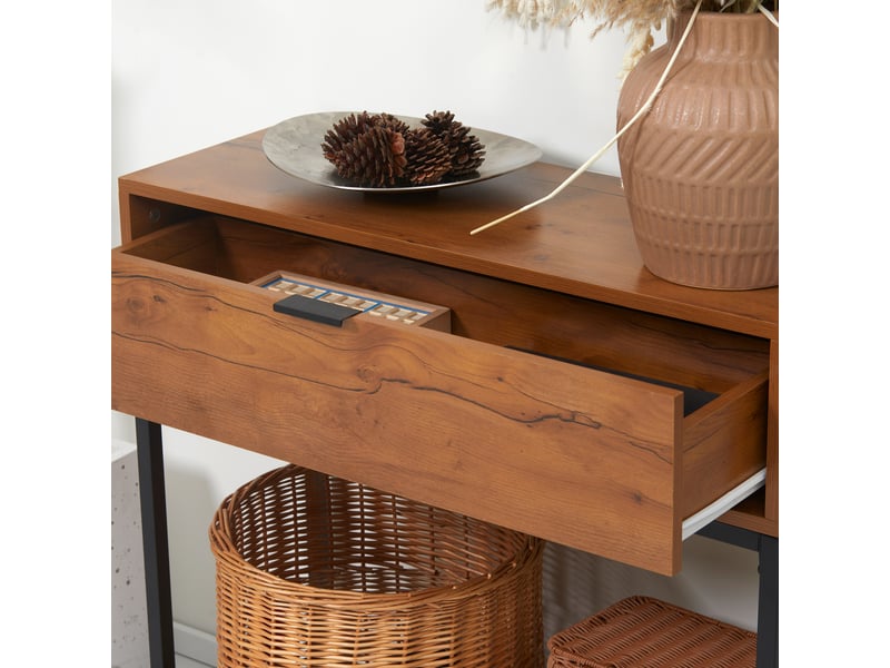  Console meuble, table console avec tiroir et pieds en acier, pour salon, entrée, couloir, marron, 80 x 30 x 76 cm  - Conforama W