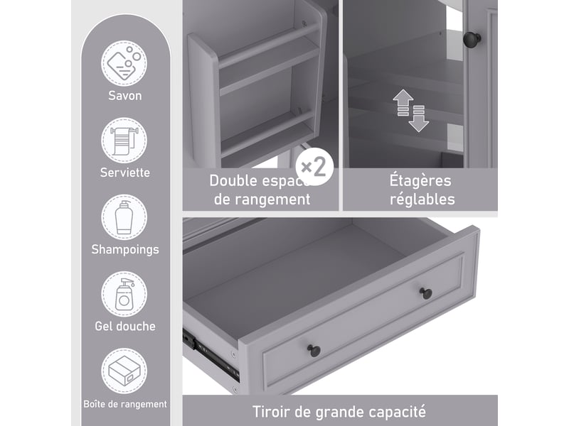  Meuble sous vasque avec 2 portes, 1 tiroir et étagère réglable, vasque en céramique pour salle de bain, 76×46×87 cm  - Conforama E