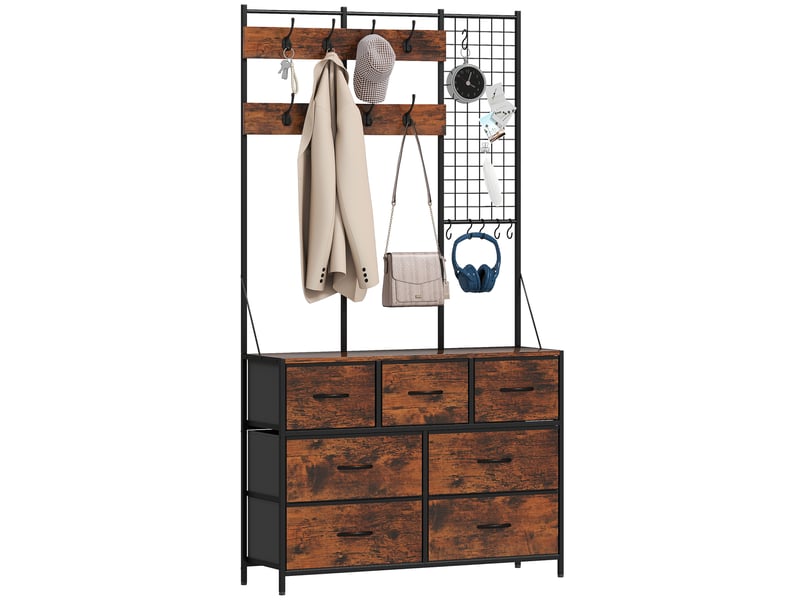  Porte-manteau avec tiroir en tissu, 14 crochets, pour entrée ou chambre, marron rustique, hauteur 183 cm  - Conforama A