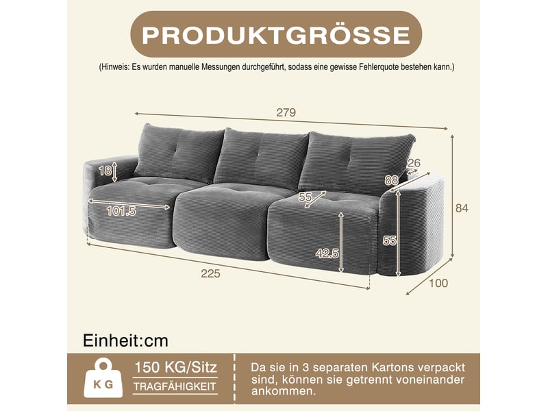  Canapé modulaire 3 places avec siège amovible, configuration 2+1 et coussins en velours côtelé gris anthracite  - Conforama C