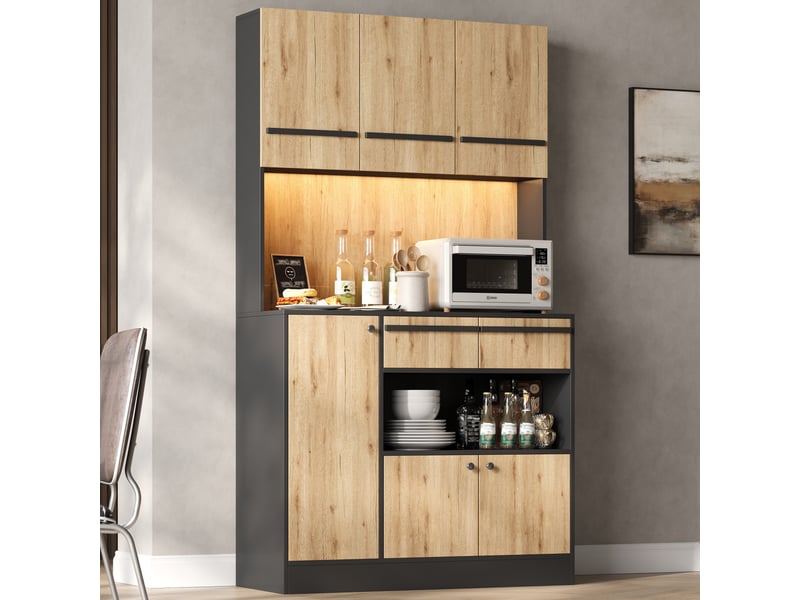  Buffet haut de cuisine 100 x 40 x 180 cm bois et noir, 2 tiroirs, plan de travail, led rgb par application et étagères réglables, pour cuisine  - Conforama C