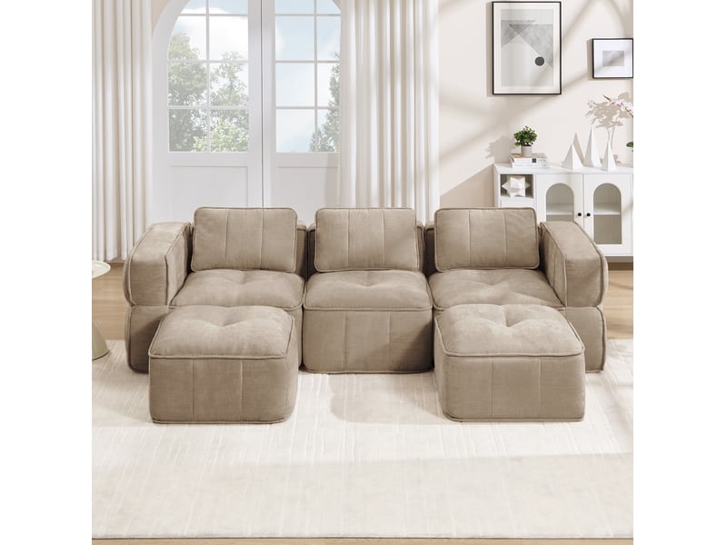 Canapé modulable en u modenvie 3 places avec 2 poufs, mousse haute densité 32d, assise profonde, tissu polyester sable, sans montage, 271 x 162 x 67 cm - Conforama B