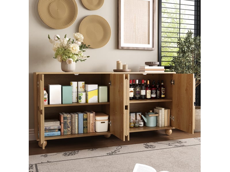  Buffet 4 portes 160x38x76 cm relief circulaire mdf bois naturel  - Conforama C