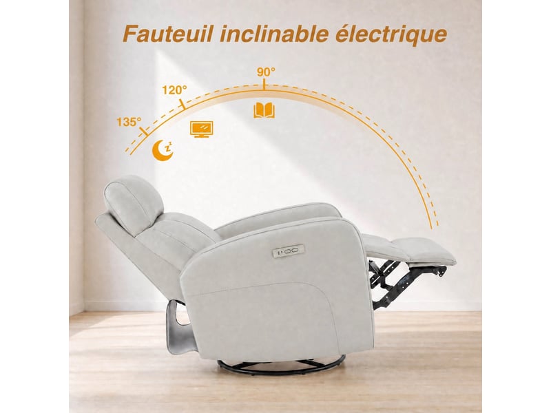 Fauteuil relax électrique pivotant 270° – cuir véritable pleine fleur premium – usbusb-c - Conforama E