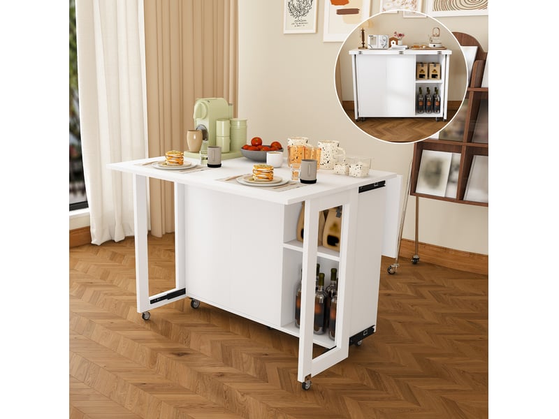 Desserte de cuisine pliante 100x105x75 cm blanche en panneaux de particules, table et rangement mobile - Conforama B