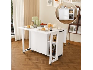 Desserte de cuisine pliante 100x105x75 cm blanche en panneaux de particules, table et rangement mobile