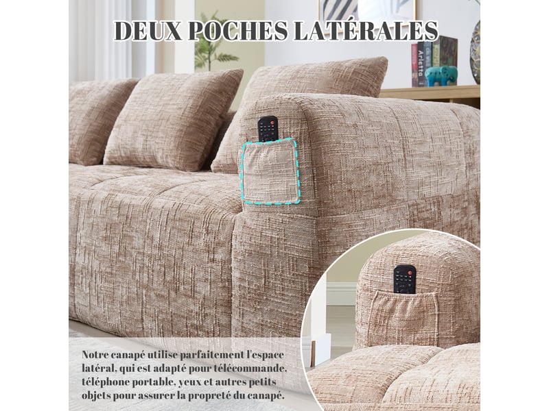  Canapé d'angle 3 places fixe en chenille kaki 250 x 158 x 60 cm, chaise longue réversible, 3 coussins, poches latérales W2845S00081 - Conforama E