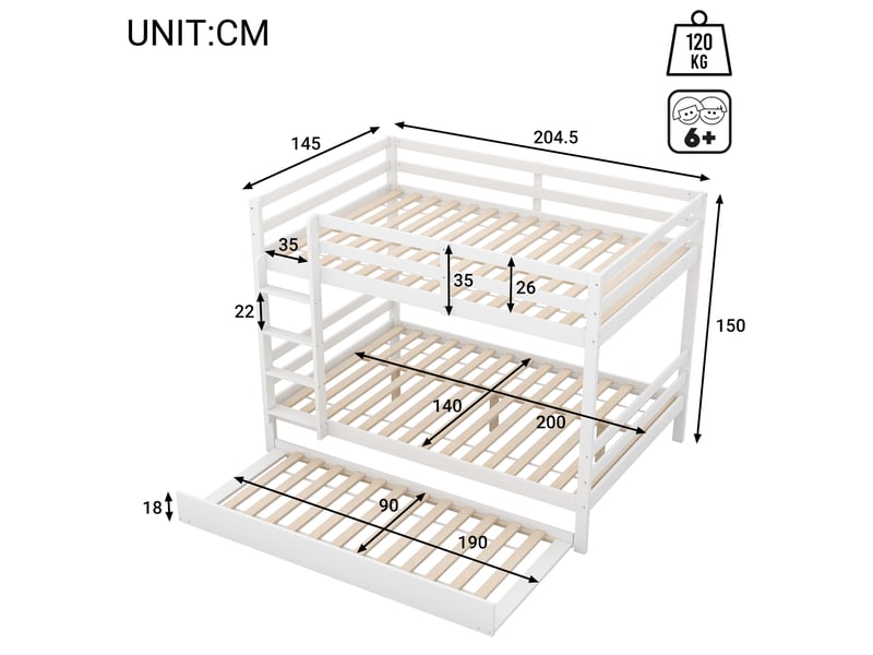 Lit superposé enfant 3 places 140×200 cm, lit gigogne, escalier et barrières - sans matelas, pin blanc - Conforama D