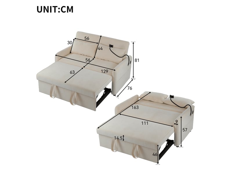  Canapé convertible 2 places en chenille avec fonction lit, dossier réglable 3 positions, support téléphone, usb et coussins inclus - beige  - Conforama E