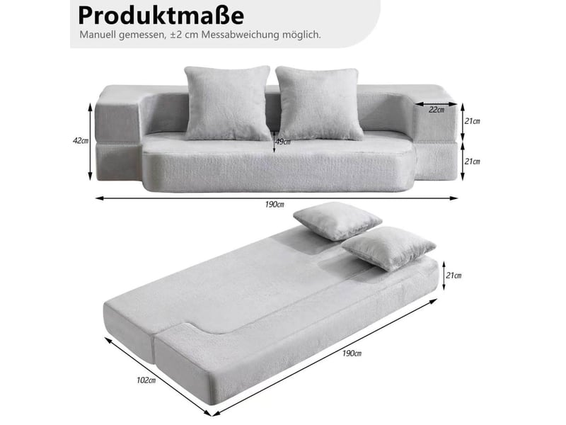 Canapé convertible 2 places pliable en tissu gris clair 190 x 102 x 42 cm  - Conforama E