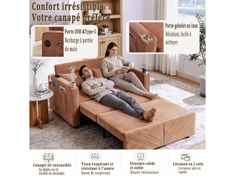  Canapé convertible 2 places avec ouverture coulissante et ports usb  - structure en bois, tissu orange  - Conforama E