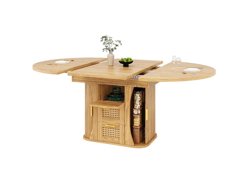  Table extensible avec tiroirs de rangement en mdf et métal, finition bois naturel, pour salle à manger et cuisine  - Conforama A