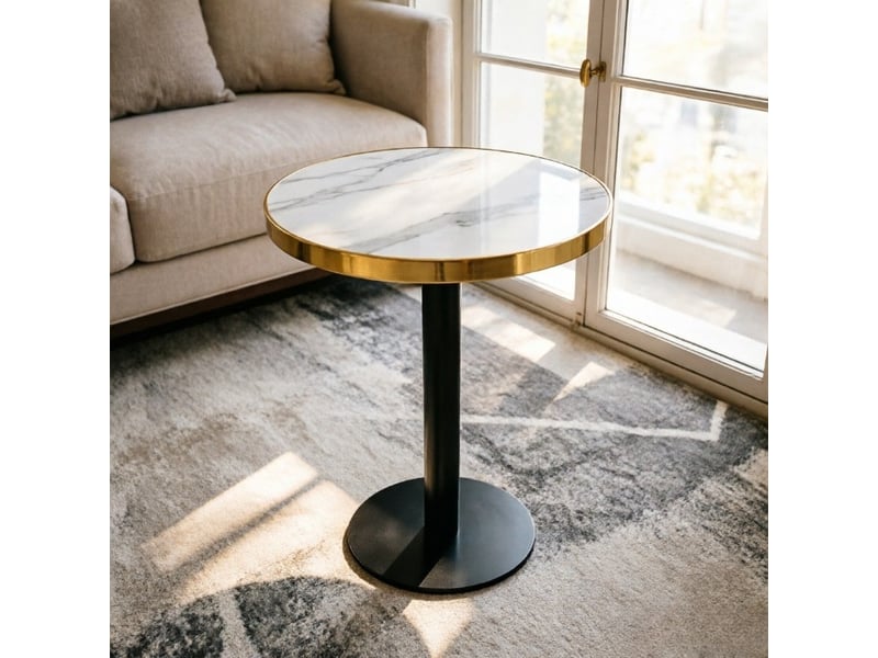  Table d'appoint ronde avec plateau en mdf effet marbre et pied cylindrique, finition dorée, pour salon, 75×71×23 cm  - Conforama C