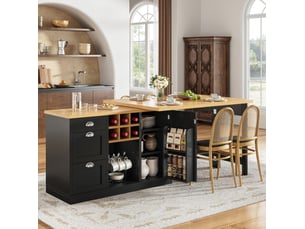 Îlot de cuisine extensible 120x40x74 cm noir, mdf, pivotant à 360°, avec rangement, casier à vin, tiroir et poignées métalliques
