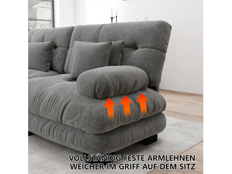 Canapé d’angle modulable 3 places 313x145x81 cm, mousse haute résilience, finition chenille gris, avec pouf  - Conforama E