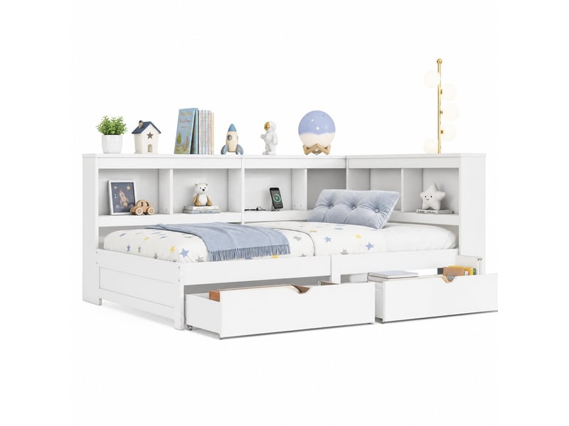 Lit banquette avec deux tiroirs, prise et deux ports usb, compartiments latéraux, en panneau de particules et mdf, blanc  - Conforama A