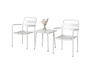 Ensemble bistro 3 pièces : table en verre et 2 chaises, mobilier d'extérieur blanc.