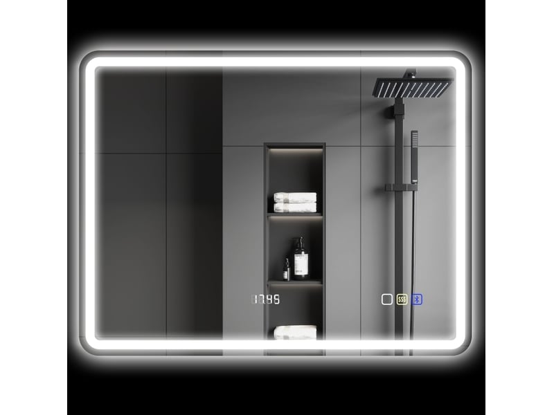 Miroir de salle de bain led 70 x 90 cm avec bluetooth, anti-buée et horloge argenté evryae - Conforama C