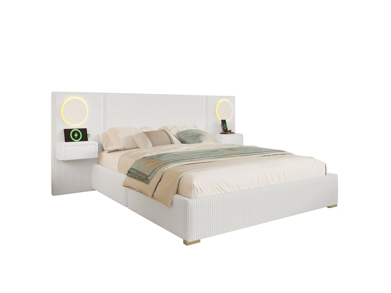  Lit 180 x 200 cm en velours beige avec tête de lit led, ports usb et tiroirs de chevet  - Conforama A