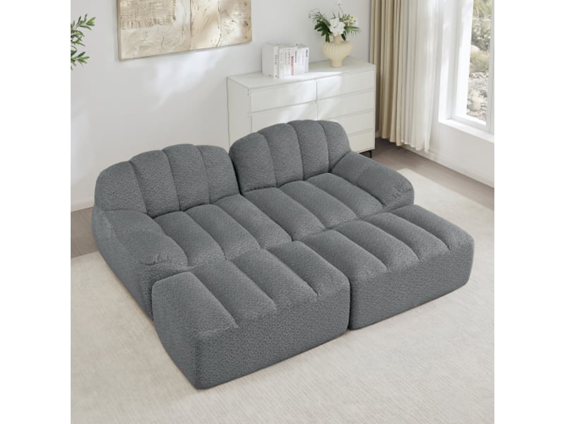 Canapé modulable 2 places gris + 2 poufs, mousse 32D, sans montage, granular fleece - Conforama E