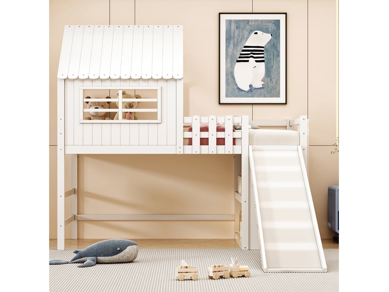 Lit mezzanine enfant 90x200 avec toboggan et rangements evryae - Conforama D