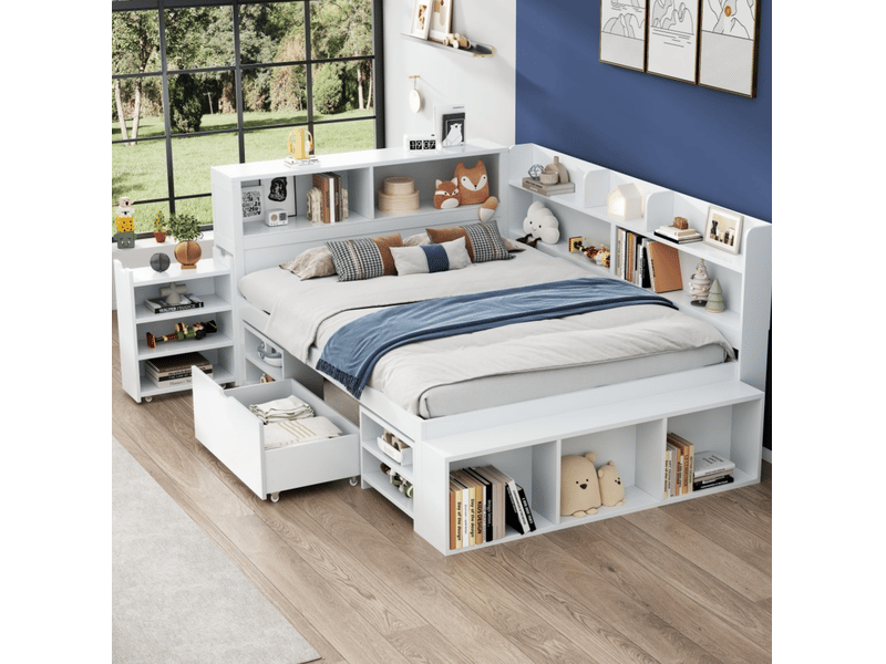 Lit enfant 140x200 cm avec tiroir, bibliothèques et rangements, blanc - Conforama B