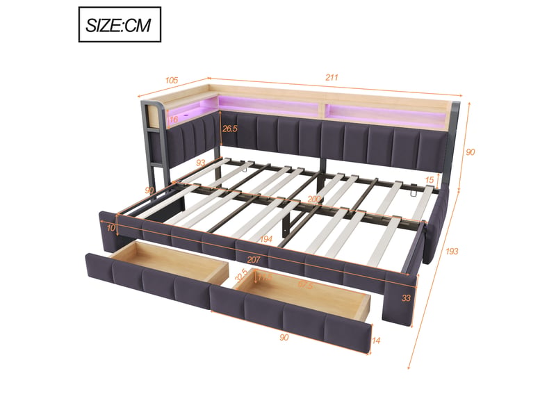  Canapé-lit, 90 x 200 cm, 180 x 200 doté d’un espace de rangement, led, matelas non inclus, mdf et métal, coloris gris  - Conforama C