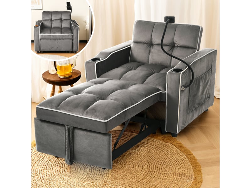  Fauteuil convertible 3 en 1, canapé-lit 1 place velours avec porte-gobelets et support téléphone, gris foncé, 83x167x76cm  - Conforama D