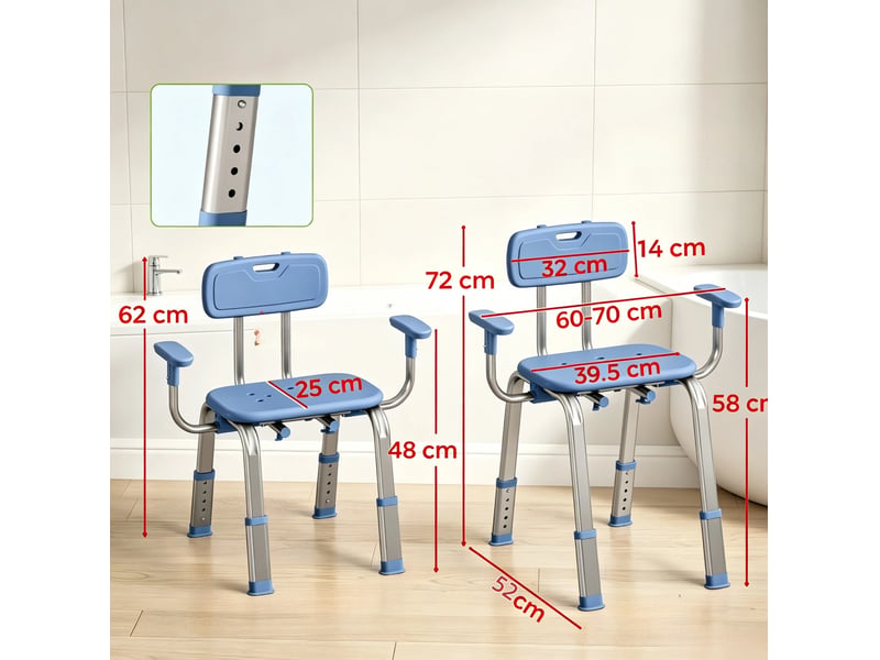  Tabouret de douche réglable bleu en aluminium et hdpe, avec dossier et accoudoirs, 5 hauteurs, charge conseillée 150 kg  - Conforama C