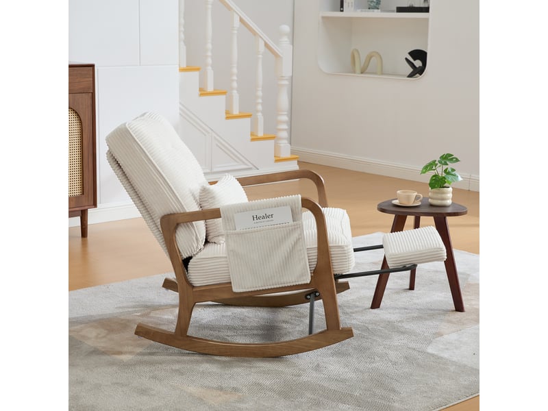  Fauteuil à bascule avec repose-pieds, dossier réglable 3 positions, velours côtelé beige  - Conforama C