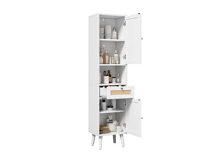 Meuble de salle de bain - 40x30x166cm - meuble haut en cannage rotin avec 2 portes réversibles, tiroir & niches - blanc