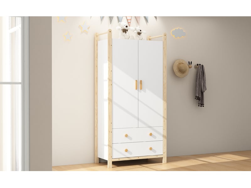  Armoire 2 portes avec penderie, 2 tiroirs et espace supérieur, pour chambre ou entrée, blanc naturel, 90 × 45 × 180 cm  - Conforama E