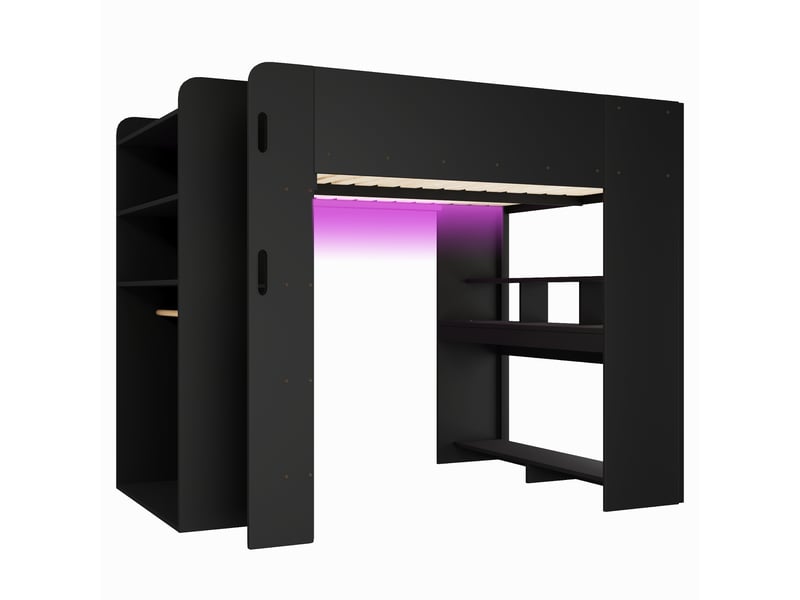  Lit mezzanine gaming en bois 140x200cm avec bureau, armoire, espace de rangement à plusieurs niveaux, éclairage led, port de chargement usb, noir.  - Conforama D