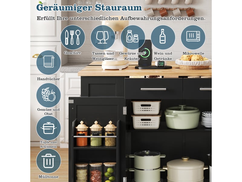  Îlot de cuisine mobile 138 × 86 × 92 cm noir et naturel, mdf, plateau rabattable, prises eu, usb, type-c et bac coulissant  - Conforama D