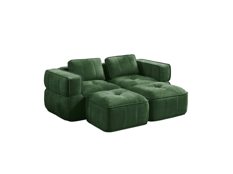  Canapé modulable 2 places avec 2 poufs, en polyester vert  - Conforama A